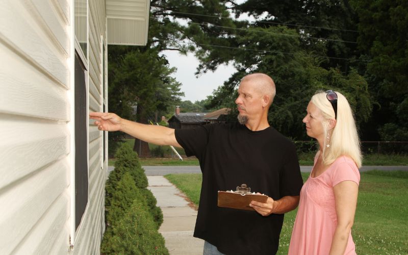 A man and a woman inspect the siding on a home. The man is holding a clipboard.