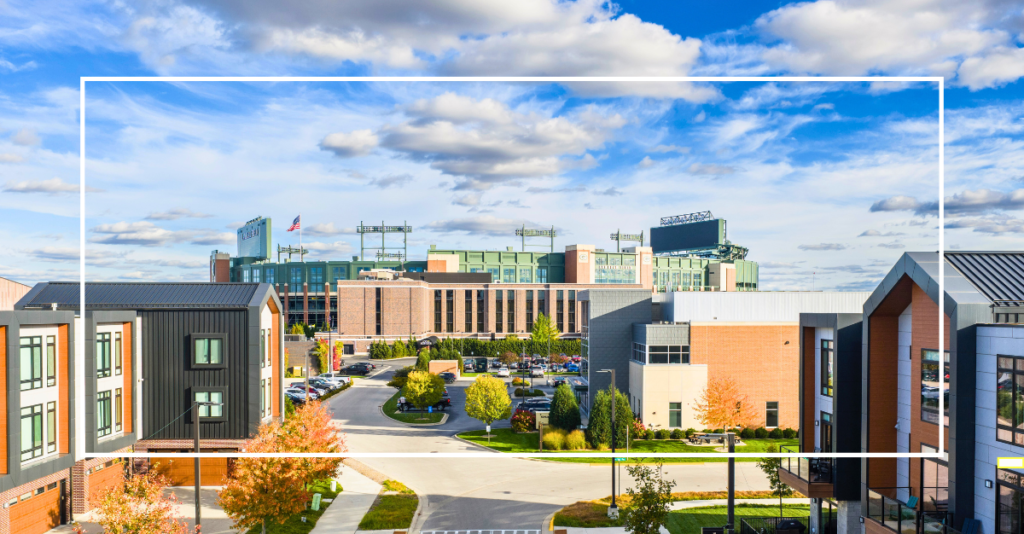 Aerial view of Titletown homes and Lambeau Field